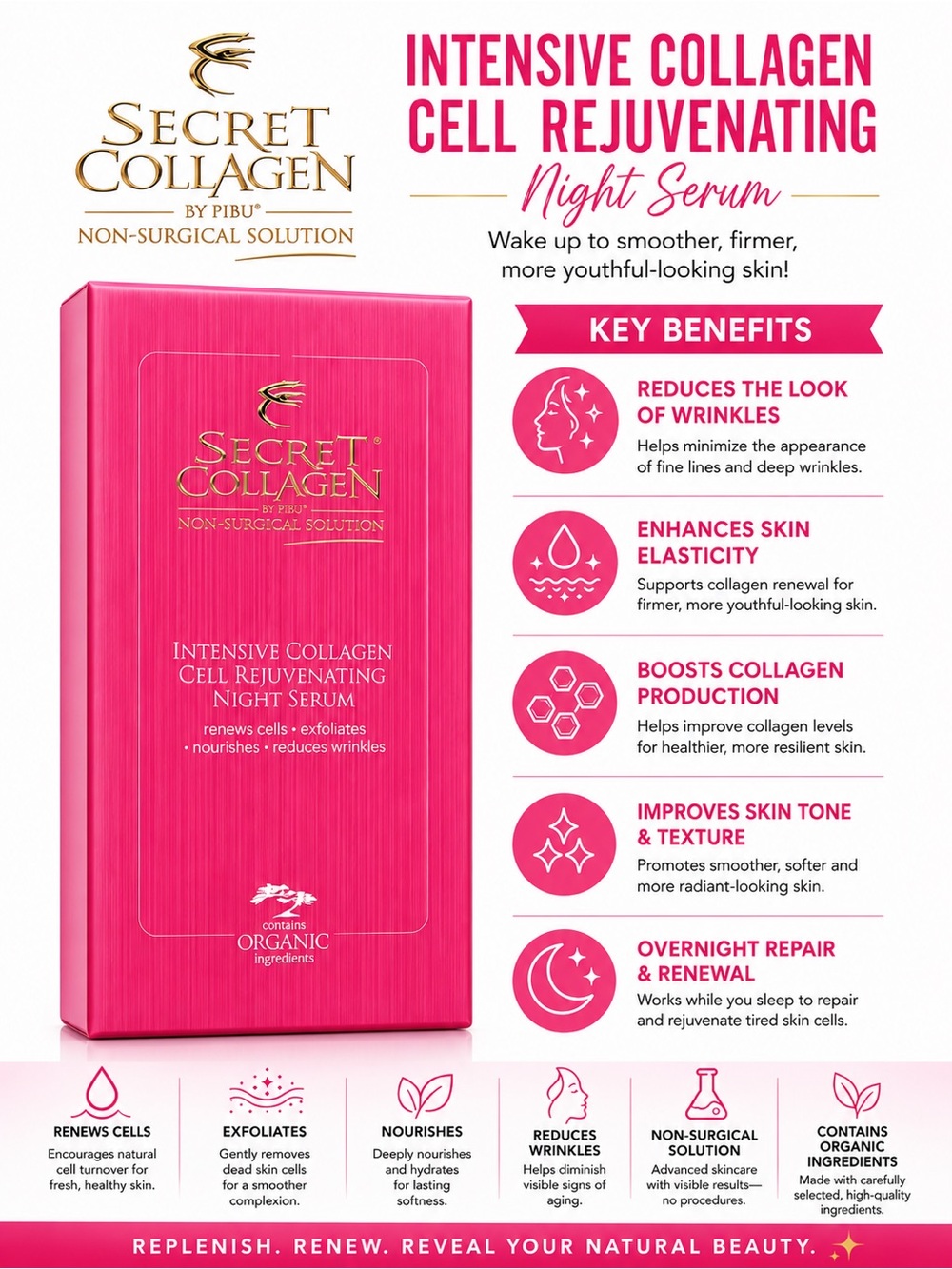 Secret Collagen Night Serum 1.7 oz New Sealed Anti Aging Hyaluronic Acid